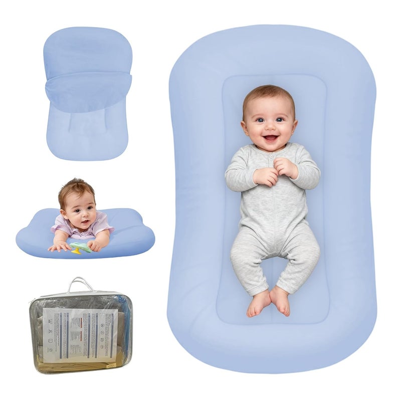 PGONEEE Baby Lounger for Newborn, Bionic Design Baby Lounger, Soft Organic Cotton Breathable Lounger for Infants 0-18 Months (Blue) - Image 1